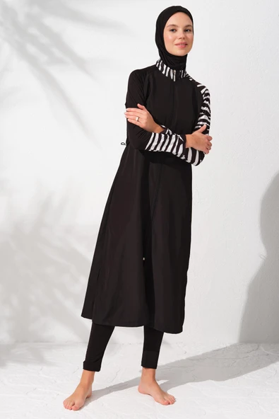Pierre Cardin 231910 Siyah Desenli Uzunkollu Fermuarlı Tesettür Mayo Takım - Resim 3