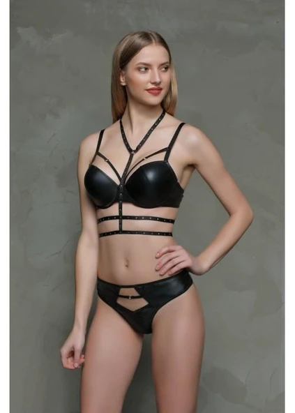 Moonlight 322 Siyah Deri Görünümlü Bant Detaylı Destekli Sütyen Takımı ürün görseli