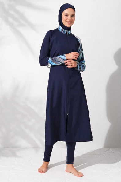 Pierre Cardin 231913 Lacivert Desenli Uzunkollu Fermuarlı Tesettür Mayo Takımı ürün görseli 1