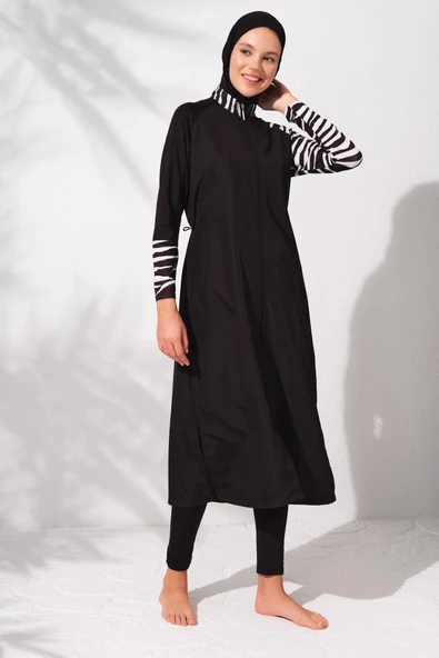 Pierre Cardin 231910 Siyah Desenli Uzunkollu Fermuarlı Tesettür Mayo Takım - Resim 4