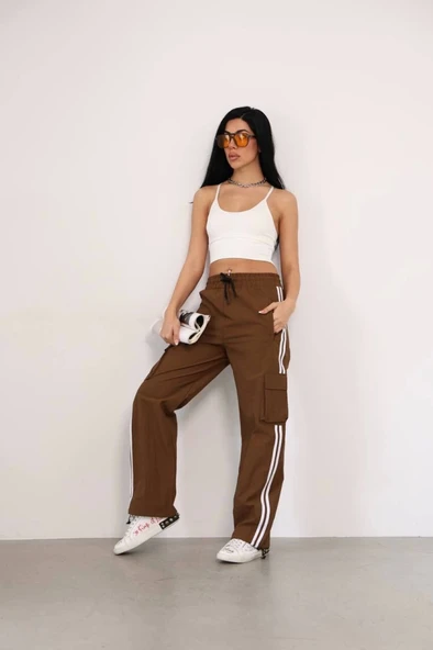 Praşut Kumaş Kargo Çeplı Baggy Esofman - Kahve - 2
