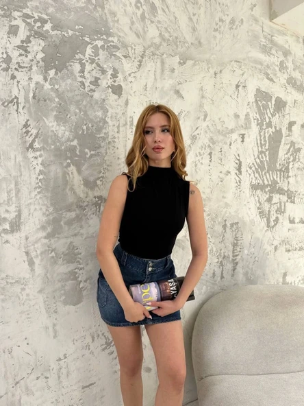 Kolsuz Yarım Bağazlı Badi Bluz - Siyah - Resim 3