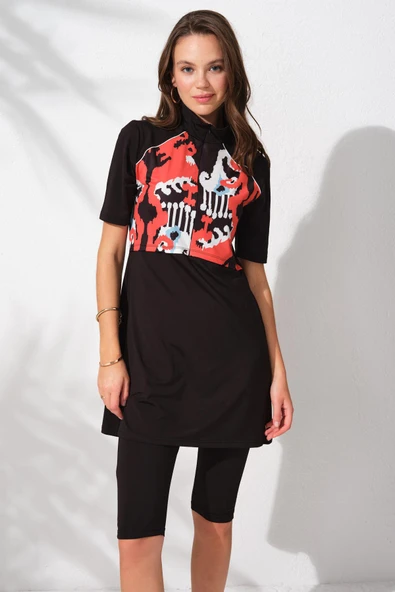 Pierre Cardin 231902 Siyah Desenli Yarımkol Tesettür Mayo Takım - 3