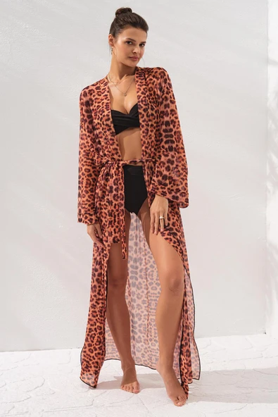 Pierre Cardin 231812-D Leopar Belden Bağlamalı Uzun Kimono - Resim 4