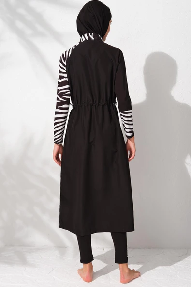 Pierre Cardin 231910 Siyah Desenli Uzunkollu Fermuarlı Tesettür Mayo Takım - Resim 2