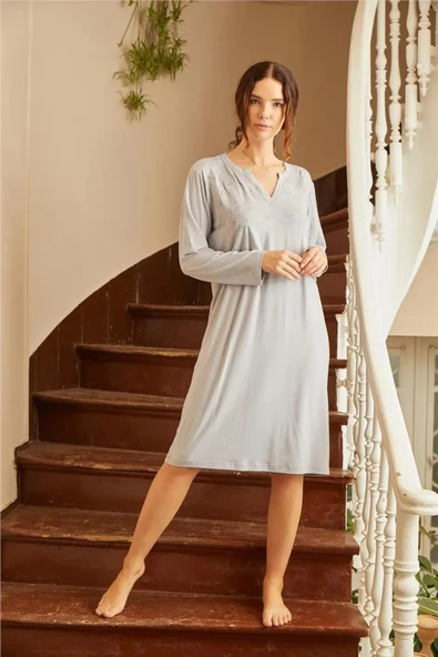 Louren 121 Mavi Modal Uzun Kollu Nakış İşlemeli Kadın Gecelik ürün görseli 1