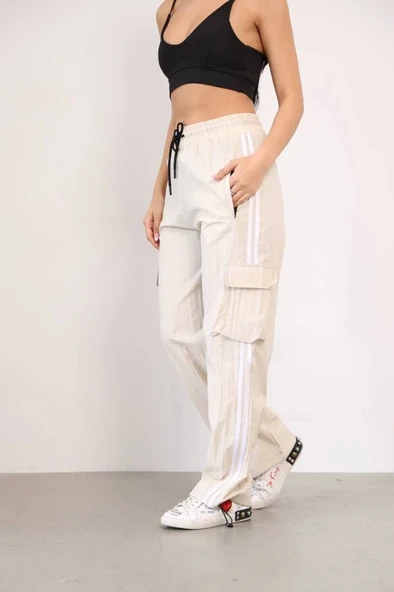 Praşut Kumaş Kargo Çeplı Baggy Esofman - Bej - 1