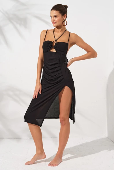 Pierre Cardin 231800 Siyah Uzun Krep Elbise Pareo - Resim 3