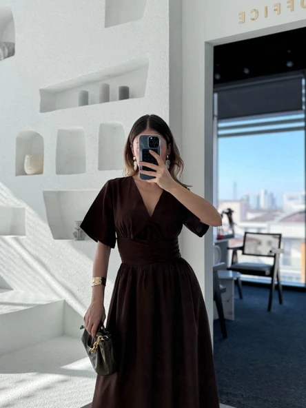 Kısa Kollu Uzun Elbise - Kahve - Resim 2