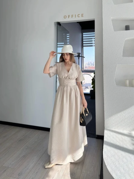 Kısa Kollu Uzun Elbise - Kırık Beyaz ürün görseli