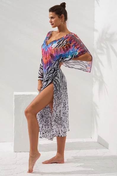 Pierre Cardin 231811 Feather V Yaka Elbise Pareo - Resim 3