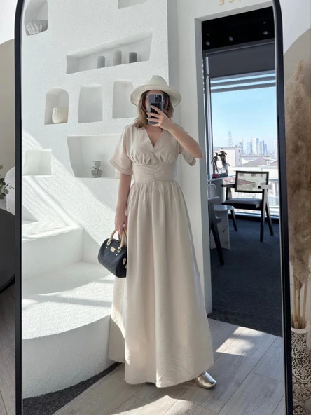 Kısa Kollu Uzun Elbise - Kırık Beyaz - Resim 4