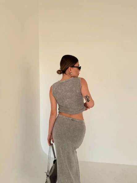 Uzun Etekli Önü Düğmeli Badi İkili Takım- Gri - Resim 3