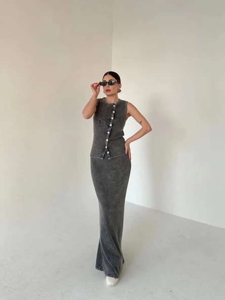 Uzun Etekli Önü Düğmeli Badi İkili Takım- Antrasit - Resim 3