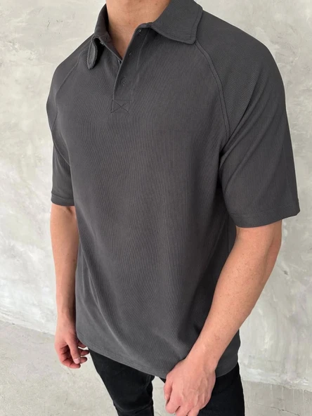 Yakalı Patlı Kısa Kol T-shirt - Antrasit - Resim 3