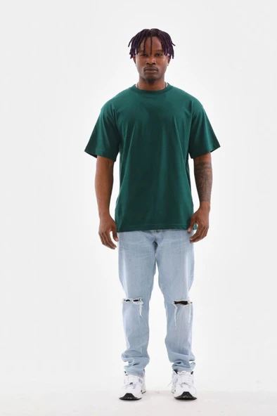 Unisex Oversize Düz Bisiklet Yaka T-Shirt - Koyu Yeşili - Resim 3