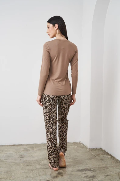 Pjs 24512 Kahverengi Leopar Desenli Uzun Kollu Kadın Pijama Takımı - Resim 5