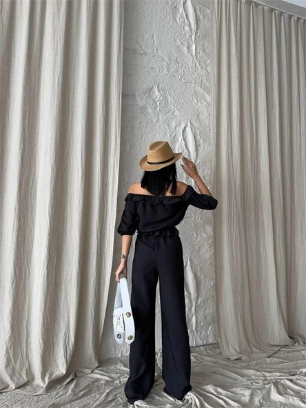 KETEN MADONNA YAKA KOL HASIR ŞERİT - PANTOLON TAKIM - Siyah - Resim 2