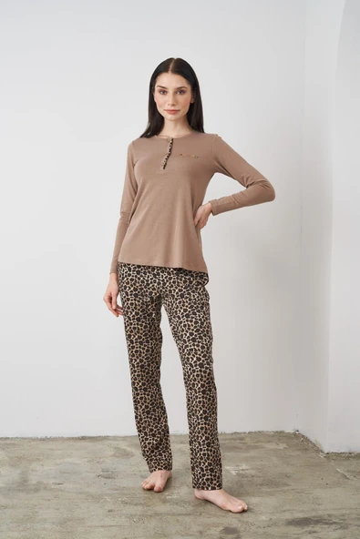 Pjs 24512 Kahverengi Leopar Desenli Uzun Kollu Kadın Pijama Takımı - Resim 3