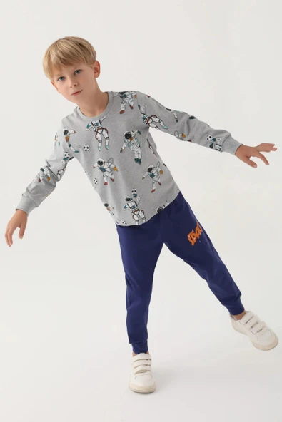 Roly Poly 3206 Gri Pamuklu Uzun Kol Erkek Çocuk Pijama Takımı - Resim 4