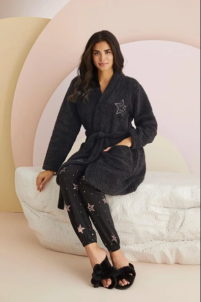 Sevim 14062 Siyah Nakış Desenli Kadın Sabahlık ürün görseli 1