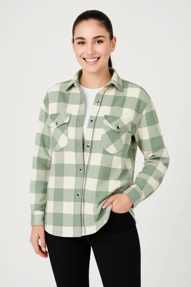 Uzun Kollu Oduncu Gömlek - Su Yeşili - Resim 4