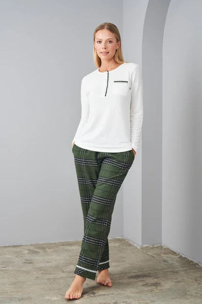 Pjs 24561 Yeşil Uzun Kollu Ekoseli Kadın Pijama Takımı - Resim 3
