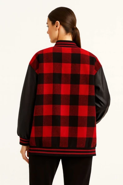 Kolları Suni Deri Içi Astarlı Oduncu Kolej Içi Ceket - Bordo - 2