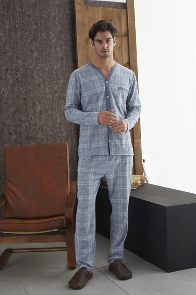 Pijamood 8827 Mavi Pamuklu Erkek Pijama Takımı - 1