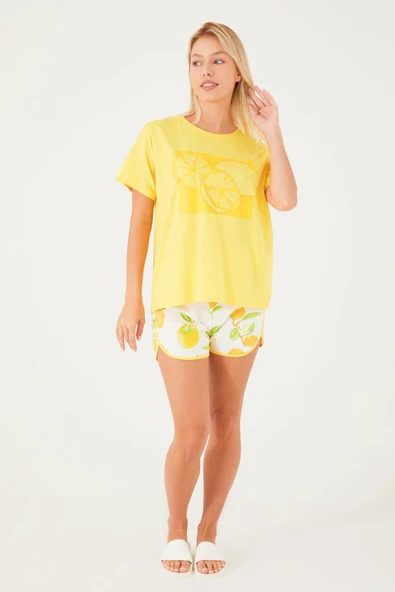 Roly Poly 3086-S Sarı Pamuklu Kadın Şort Takım - Resim 3