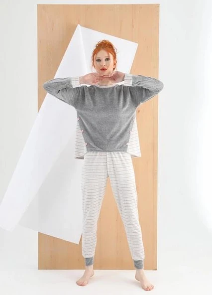 Sevim 13070 Gri Pamuklu Kadife Kadin Pijama Takımı - Resim 3