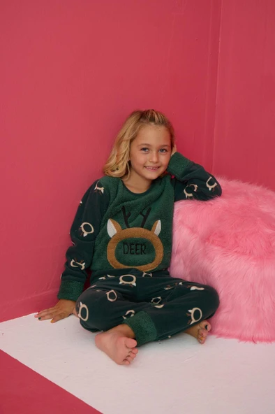 Pijamood 4163 Haki Polar Uzun Kollu Kız Çocuk Pijama Takımı - 3