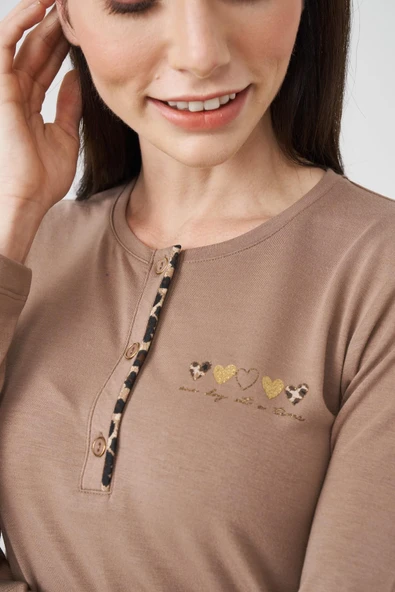 Pjs 24512 Kahverengi Leopar Desenli Uzun Kollu Kadın Pijama Takımı - Resim 7