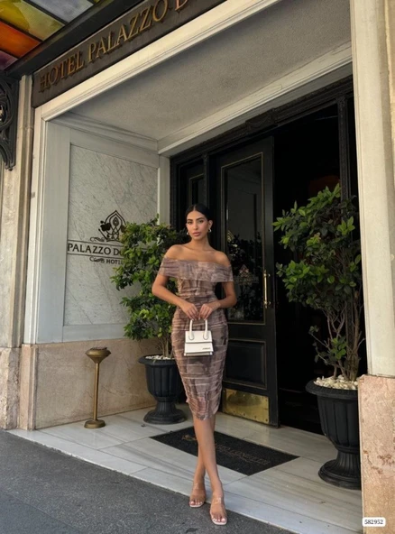 Kadın Madonna Yaka Dalga Desen Midi Boy şifon Elbise - Resim 2