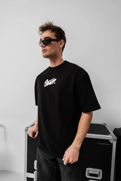Erkek Baskılı Oversize T-shirt - Siyah - 2