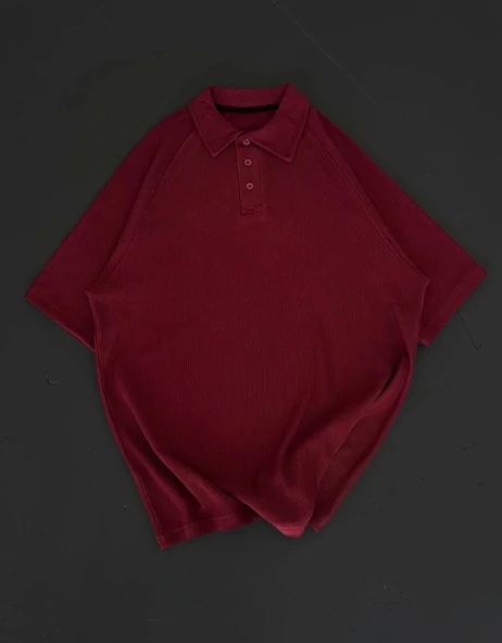 Yakalı Patlı Kısa Kol T-shirt - Bordo - Resim 2