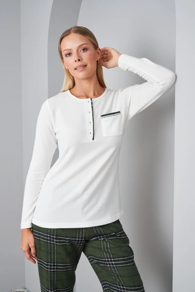 Pjs 24561 Yeşil Uzun Kollu Ekoseli Kadın Pijama Takımı - Resim 6