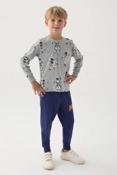 Roly Poly 3206 Gri Pamuklu Uzun Kol Erkek Garson Pijama Takımı - Resim 3