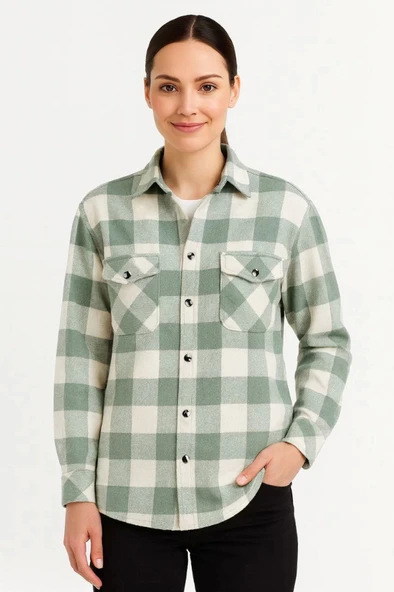 Uzun Kollu Oduncu Gömlek - Su Yeşili - Resim 3