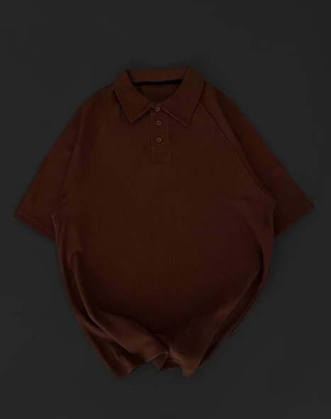 Yakalı Patlı Kısa Kol T-shirt - Kahverengi - Resim 2