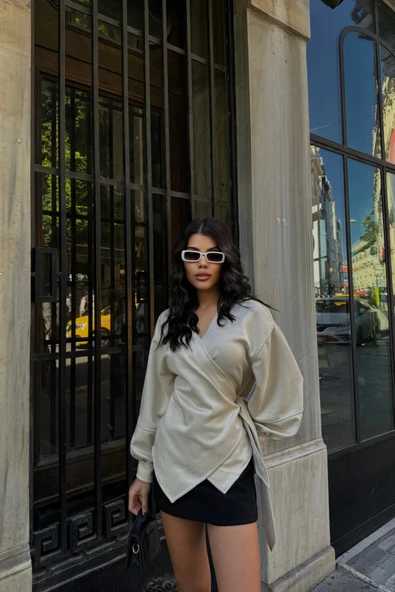 SÜET KRUVAZE BLUZ BAĞLAMA DETAYLI - Taş - Resim 2