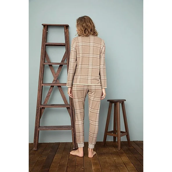 Sevim 12490 Açık Kahve Pamuklu Düğmeli Kadın Pijama Takımı - Resim 2