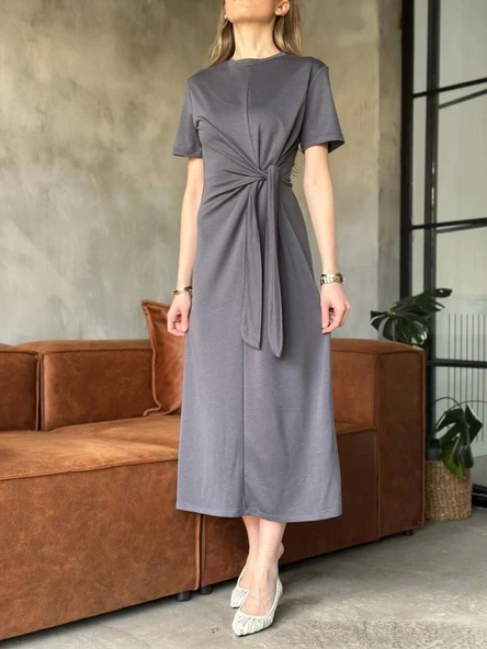 Osy Modal Yumuşak Dokulu Kumaş Yandan Bağlamalı Elbise - Gri ürün görseli