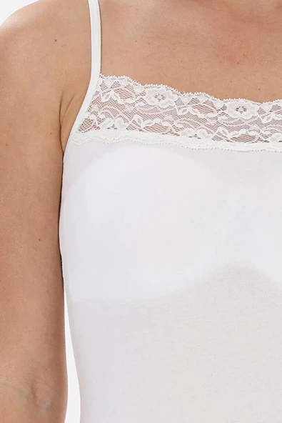 Yıldız 2139 Ekru Likralı Dantelli İp Askılı Biyeli Kadın Atlet - Resim 3