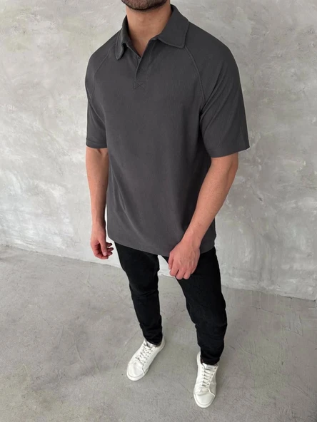 Yakalı Patlı Kısa Kol T-shirt - Antrasit ürün görseli