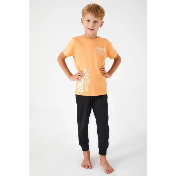 Roly Poly 3041 Turuncu Pamuklu Kısa Kol Erkek Garson Pijama Takımı - 1
