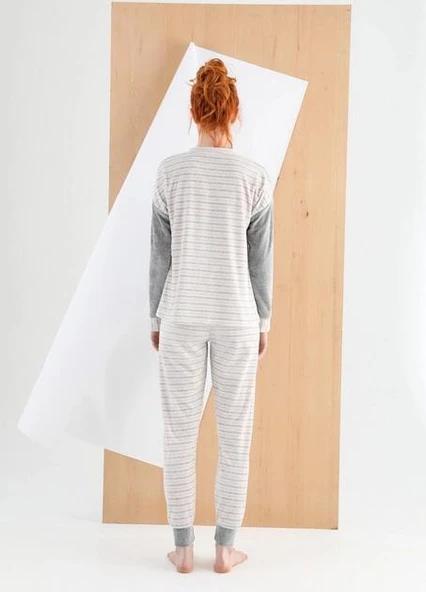 Sevim 13070 Gri Pamuklu Kadife Kadin Pijama Takımı - Resim 2