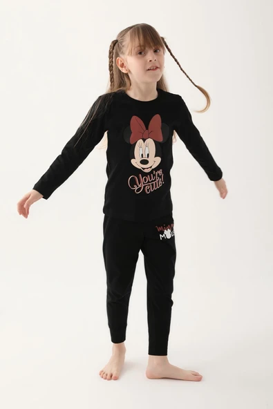 Mınnıe Mouse Siyah Renk Kız Çocuk Kısa Kollu Pijama Takımı - 1