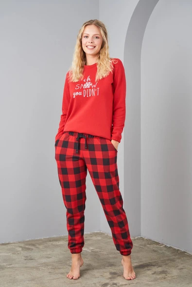 Pjs 24580 Kırmızı İki İplik Ekose Kadın Pijama Takımı ürün görseli 1