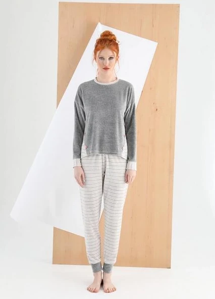 Sevim 13070 Gri Pamuklu Kadife Kadin Pijama Takımı ürün görseli 1